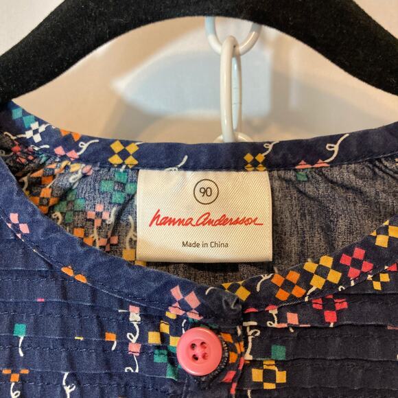 Hanna Andersson Cotton Dark Blue Geometric Floral Long Sleeve Button Shirt Top - Picture 2 of 7